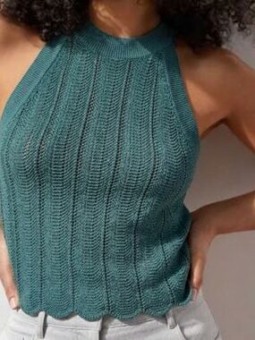 NWOT Aritzia Wilfred Knit Scalloped Halter Top - Green/Teal Size M